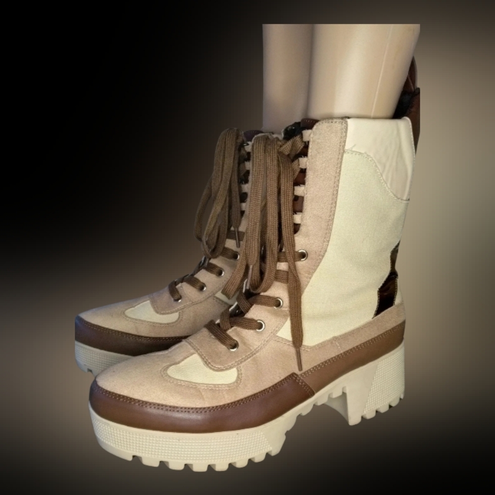 Fashion Nova Beige and Brown Lace Up Boots